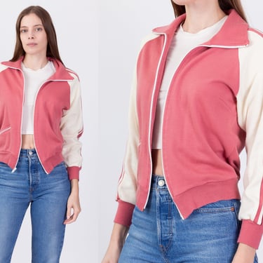 80s Pink Striped Track Jacket - Small | Vintage Women's Retro Tennis Sweatshirt 