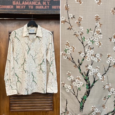 Vintage 1950’s -Deadstock- Asian Japan Floral Nature Design Silk Long Sleeve Hawaiian Shirt, 50’s Loop Collar, Vintage Clothing 