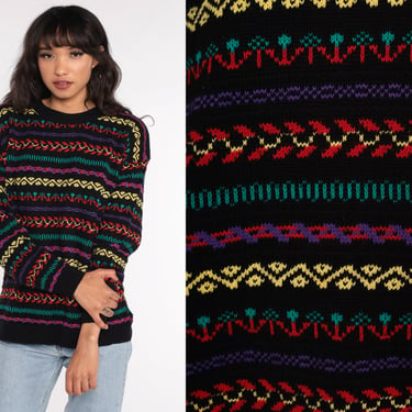 Geometric Striped Sweater 80s Sweater Black Knit Jumper 1980s Boho Vintage Pullover Retro Large 