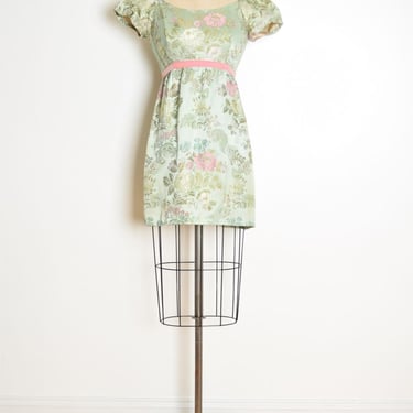 vintage 60s dress green pastel floral brocade puff sleeve empire kinder mini XS clothing 