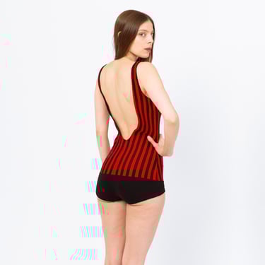 Vintage 70s Red & Black Striped One Piece Swimsuit - Medium | Retro Low Back Gothic Rockabilly Pinup Bathing Suit 