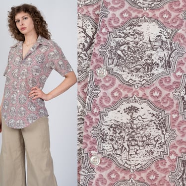 70s Toile De Juoy Seasons All-Over Print Shirt - Men's Medium, Women's Large | Vintage Jonathan Hill Pink Short Sleeve Button Up Top 