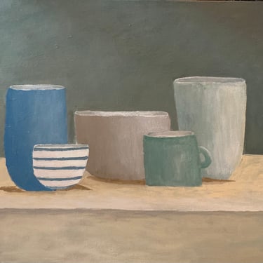 Still life art, hand painted original, muted tones wall art, pottery painting, unique painting, interior design, 24x 18 inch 