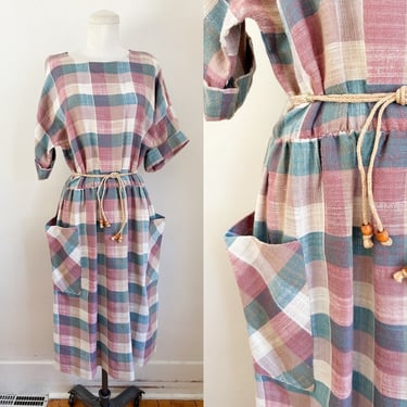 Vintage 1970s Rose Pink Madras Plaid Dress / M 