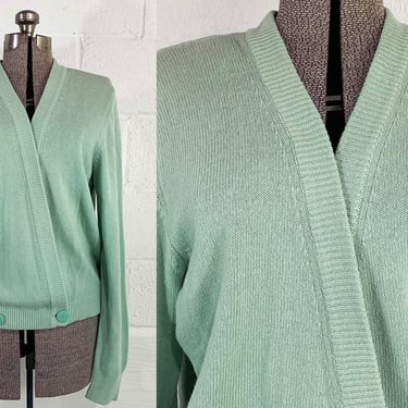 Vintage United Colors of Benetton Sage Green Cardigan Sweater Slouchy Italy Italian Europe Deep V Neck Angora Wool Large XL 1980s 