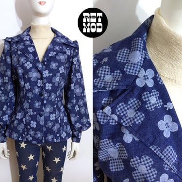 Flower Power Vintage 60s 70s Blue Chambray Cotton Jacket Top 