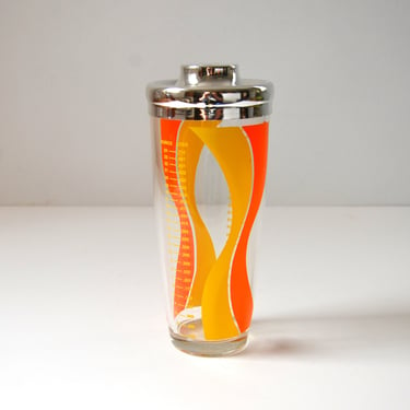 Vintage Glass Cocktail Shaker with Red and Orange Graphics and Graduated Measures, Retro Barware 