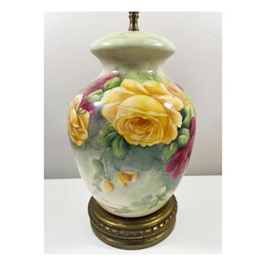 Refurbished Hand Painted Floral Rose Lamp - Pink & Yellow - 28