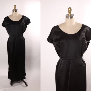 1960s Black Satin Short Sleeve Full Length Dress -XL 