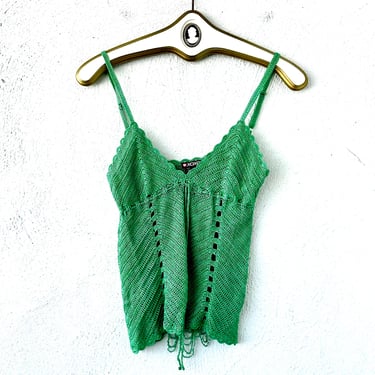 Vintage Y2k Crochet Beaded Tank Top Lace Cutout Back Green Shirt 