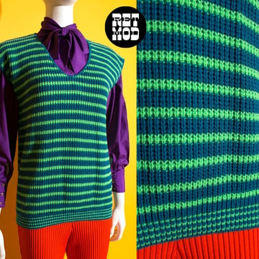 Fantastic Vintage 70s 80s Teal & Bright Green Stripe Sweater Top 