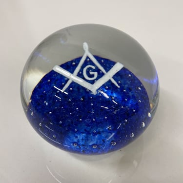 John Gentile Art Glass Paperweight Control Bubble Masonic Royal Blue White 1960s 