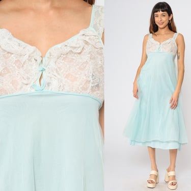 Vintage Lace Slip Dress 70s Baby Blue Lingerie Empire Waist Bow Midi Retro 1970s Tank Strap Nightgown Medium Petite 