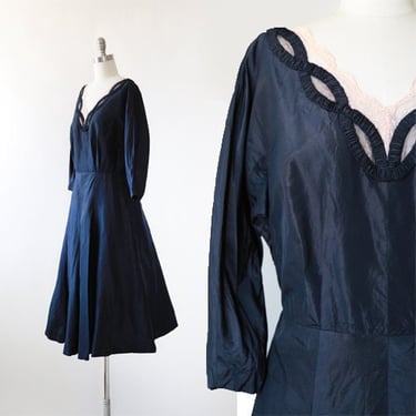 New look silk dress | Vintage 40s 50s navy blue silk dress | 40s silk dress 