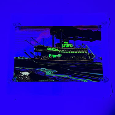Rare 1970s Riverboat Black Light Poster with Dog - Early Velvet Flocked Head ShopPosters - Vintage Louisiana Wall Art - 1973 Pro Arts Inc 