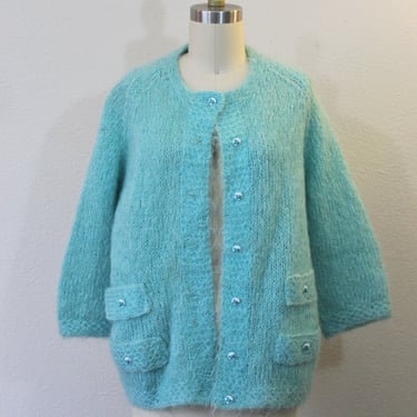 Vintage 1950s 60s Light Blue Mohair wool Cardigan Sweater jumper turtle buttons pin up // US Medium to XL 