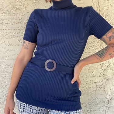 1970s mod navy blue short sleeve mock neck top with matching belt 