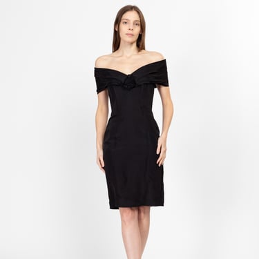 XS 80s Gunne Sax Black Off-Shoulder Cocktail Dress | Vintage Rosette Fitted Sheath Mini Party Dress 