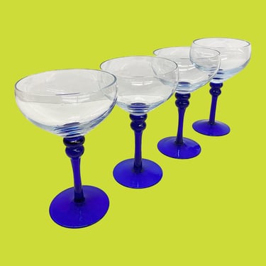 Vintage Champagne Glasses Retro 1980s Contemporary + Glass + Cobalt Blue and Clear + Handmade + Bar + Barware + Alcohol + Modern Stemware 