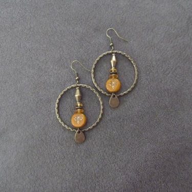 Hammered bronze hoop earrings, mid century modern earrings, Bohemian boho earrings, honey bee earrings, unique artisan earrings, yellow 