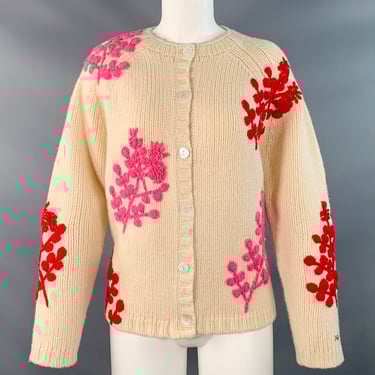 FRANCES VALENTINE Size M Beige Red Pink Lambswool Knit Floral Cardigan