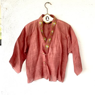 Vintage Japanese Kimono Cardigan Lightweight Jacket Embroidered Floral Collar 