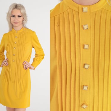 Mod Mini Dress 60s Yellow Wool Blend Dress 70s Stewardess Button Up 1960s Twiggy Shift Sixties Vintage Long Sleeve Plain Go Go Medium 