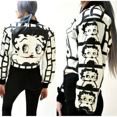 80s 90s Vintage Leather Jacket with Betty Boop Vintage White Leather Bomber Jacket with Betty Boop Comics Black and White By Maziar XS 