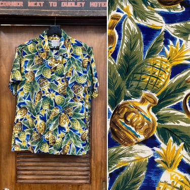 Vintage 1950’s “Pilgrim” Atomic Tiki Rayon Loop Collar Hawaiian Shirt, 50’s Pineapple Print, Vintage Clothing 