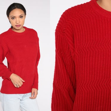 Red Knit Sweater 80s Saugatuck Pullover Sweater Slouchy Wavy Textured Jumper Basic Minimalist Plain Crew Neck Retro Vintage 1980s Medium M 