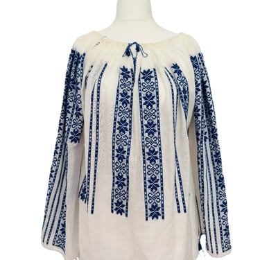 Vintage Embroidered White Gauze Peasant Style Blouse w/Blue Embroidery