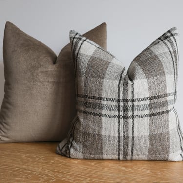 Taupe &amp; Plaid Pillow Cover Set