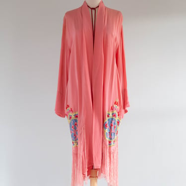 Decadent 1920's Coral Pink Viscose Robe With Embroidered Mandalas & Fringe / M