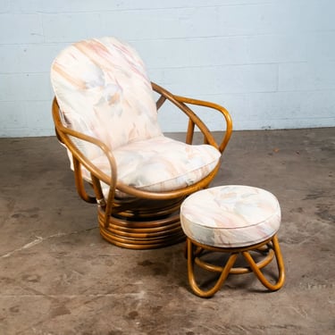 Mid Century Modern Lounge Chair Ottoman Bamboo Boho Swivel Rattan Basket Stool