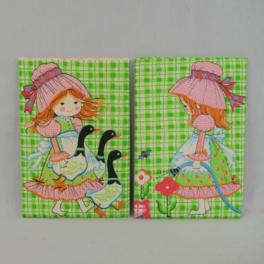 Vintage Sears Katie's Patchwork Wall Hangings - Red Haired Girl, Green Pink Orange - 1970s Girl's Room Decor - 7 1/2
