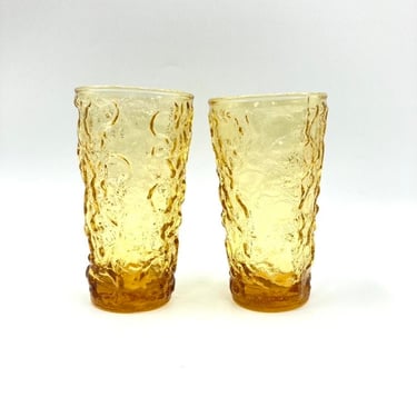 Vintage Glasses Tumblers Amber Yellow Gold Textured Bamboo Mid 