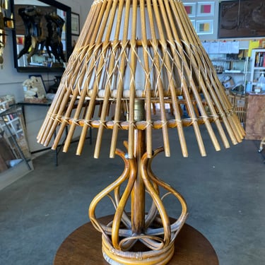 Restored Modernist Stacked Stick Rattan Organic Table Lamp, w/ Stick Rattan Shade 