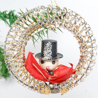 Vintage 1950's MCM Christmas Wreath Ornament with Spun Cotton Snowman, Retro Decoration 