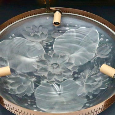 Antique French Art Deco Water Lilies Glass Bronze Pendant Chandelier 