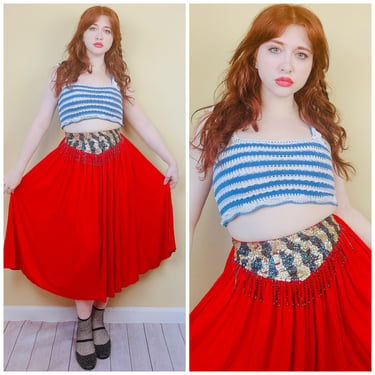1990s Vintage Red Rayon Knit Fit and Flare Skirt / 90s Gold Tiger Striped Beaded Fringe High Waist Skirt / Small - Medium 