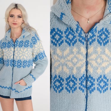 Hooded Nordic Sweater 60s Blue Wool Snowflake Hoodie Zip Up Cardigan Boho HOOD Fair Isle Jacket 1960s Knit Bohemian Vintage Extra Small xs 
