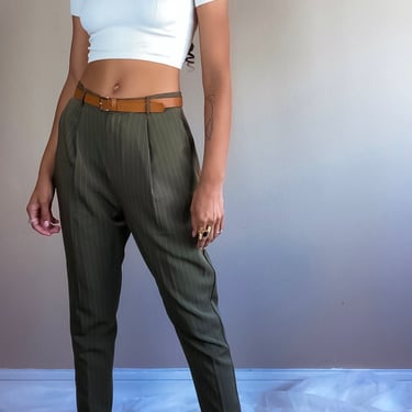 Vintage Olive Green Striped Trousers Tapered Ankle | Boyfriend Pants | Green Pants | Tailored Pants(M) 