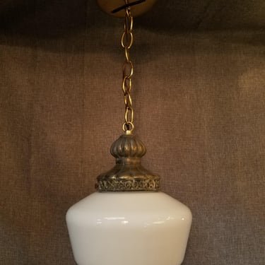 Vintage Cast Aluminum Pendant Light with Faux Milk Glass Shade