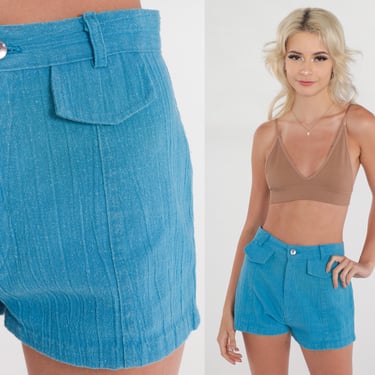 Blue Shorts 70s Hotpants Crinkled High Rise Retro Mod Shorts Pin Up Hot Pants Summer Seventies Festival Vintage 1970s Extra Small xs 25 