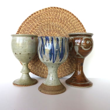 Set of 3 Studio Pottery Wine Goblets, Mixed Set Hand Thrown Stoneware Chalice Style Cups 