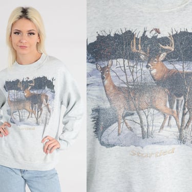 90s Deer Sweatshirt Startled Buck Animal Sweatshirt Nature Shirt Pullover Wildlife Shirt 1990s Vintage Slouchy Grey Fruit of the loom Large 
