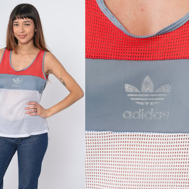 Vintage Adidas Tank Top 80s Sheer Mesh Shirt Retro Tee Sports Jersey Sleeveless Top Retro Athletic Color Block Red White Grey Small Medium 