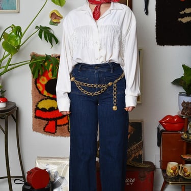 Vintage 80s Houston Roberson White Beaded Fringe Blouse – Western-Inspired Oversized Shirt 