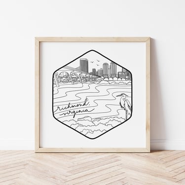 Art Print // Richmond, Virginia Skyline // 8x8 Square Print // Architectural Line Drawing Cityscape 