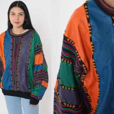 80s Color Block Leather Sweater Bright Multi Striped Patch Slouchy Crewneck 1980s Textured Wool Acrylic Biggie Vintage Large 